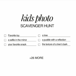 Printable kids photo scavenger hunt with checklist items like toy, snack, and tree